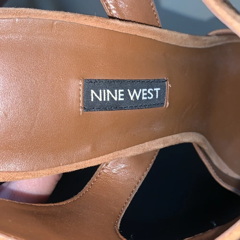 Nine West Winflower Chunky Block Heel Strappy Sandals Brown Leather - Picture 9 of 14
